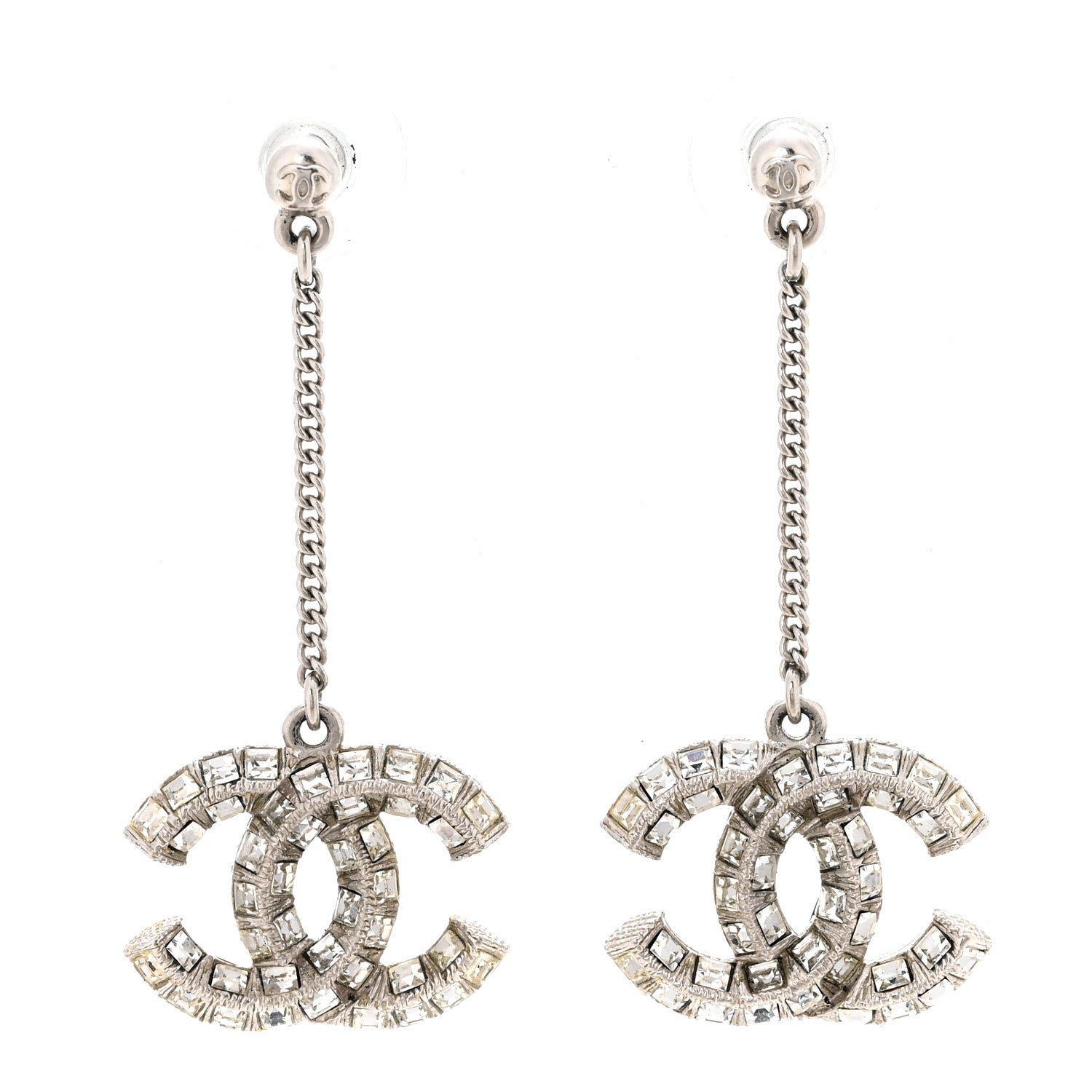 Chanel Baguette Crystal CC Drop Earrings Silver 1 of 4