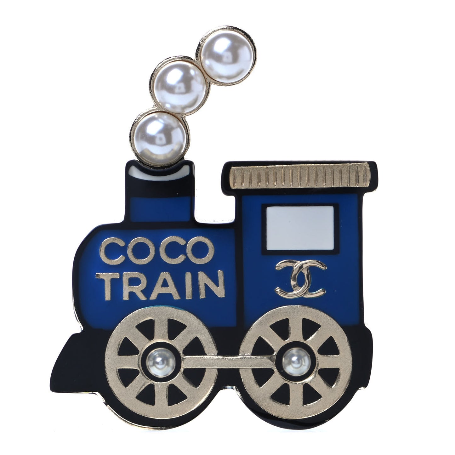 Resin Pearl Coco Train Brooch Blue White Gold