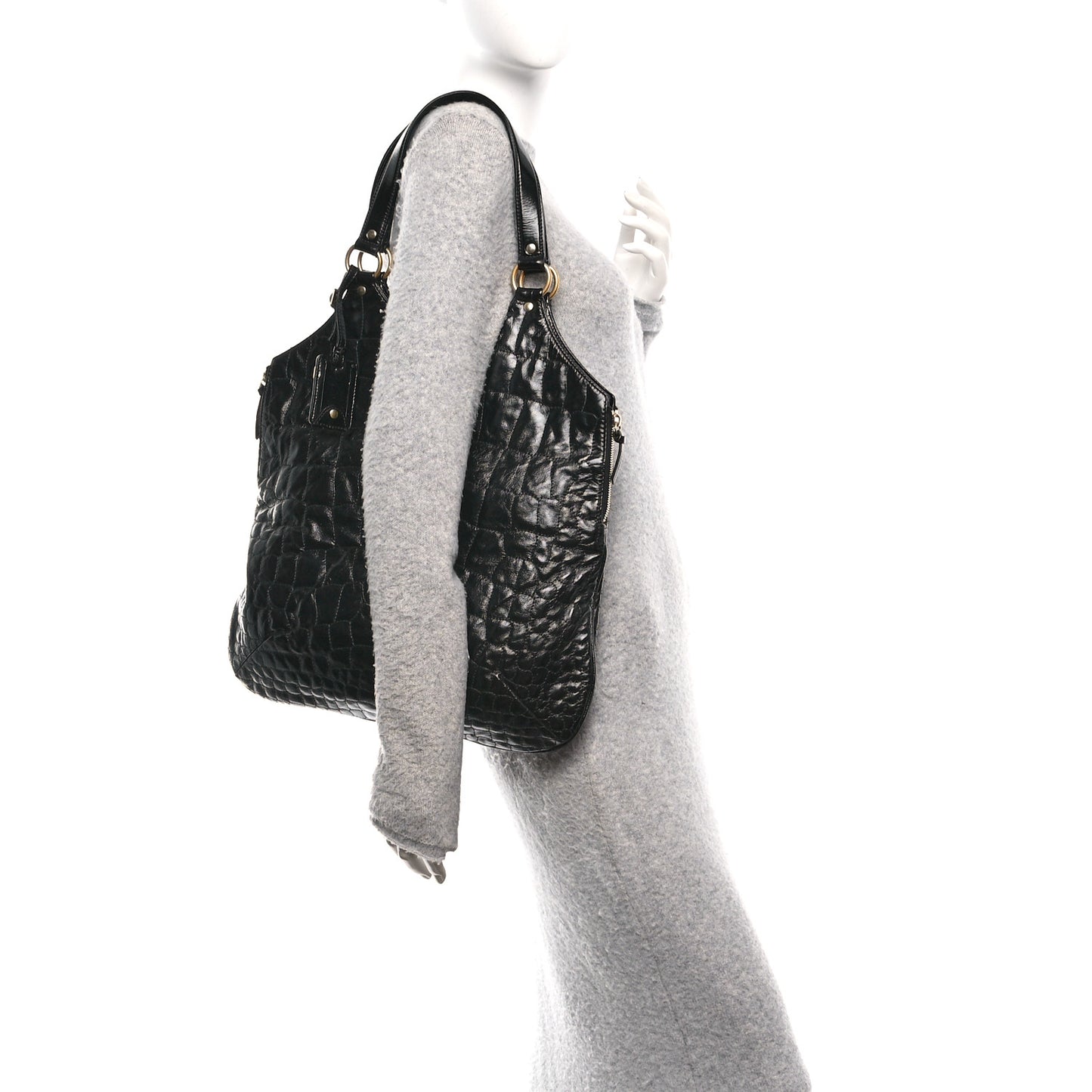 Glazed Calfskin Crocodile Embossed Tribute Tote Black