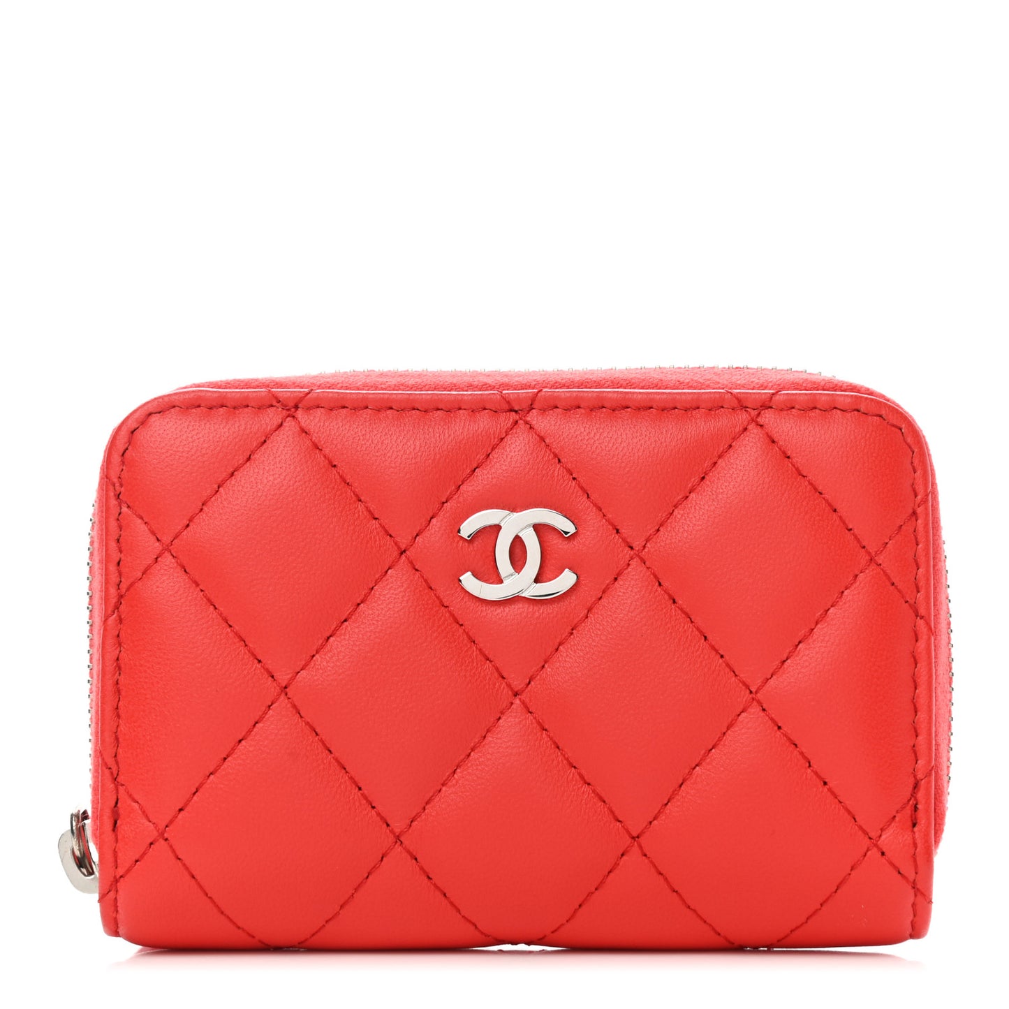Lambskin Quilted Zip Around Coin Purse Wallet Light Red