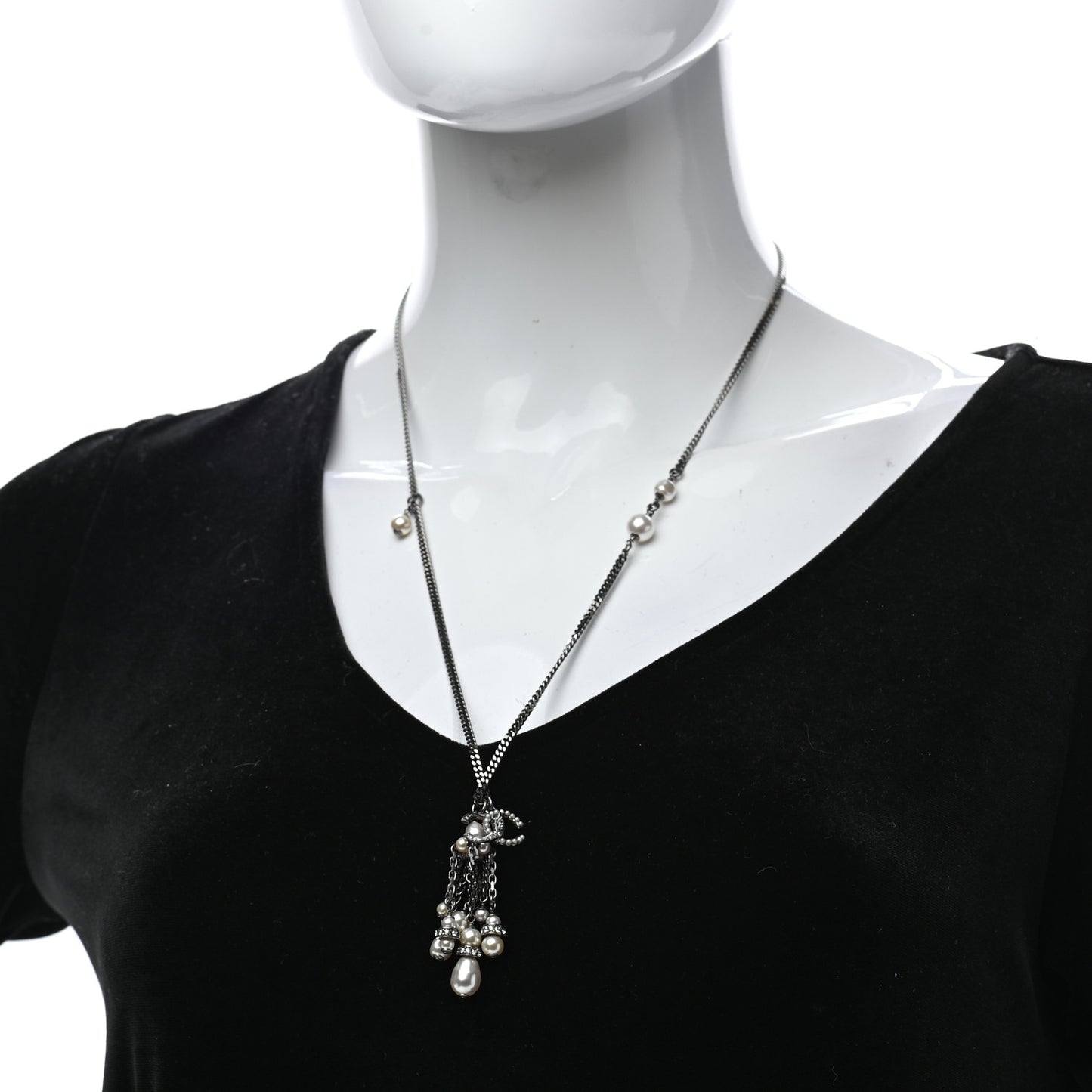 Crystal Pearl CC Drop Necklace Silver