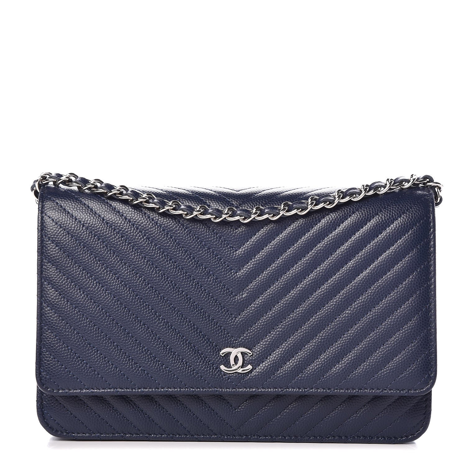 Chanel Caviar Chevron Quilted Wallet On Chain WOC Navy 1 of 12