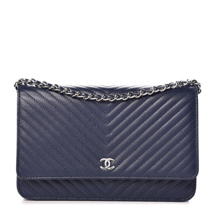 Chanel Caviar Chevron Quilted Wallet On Chain WOC Navy 1 of 12