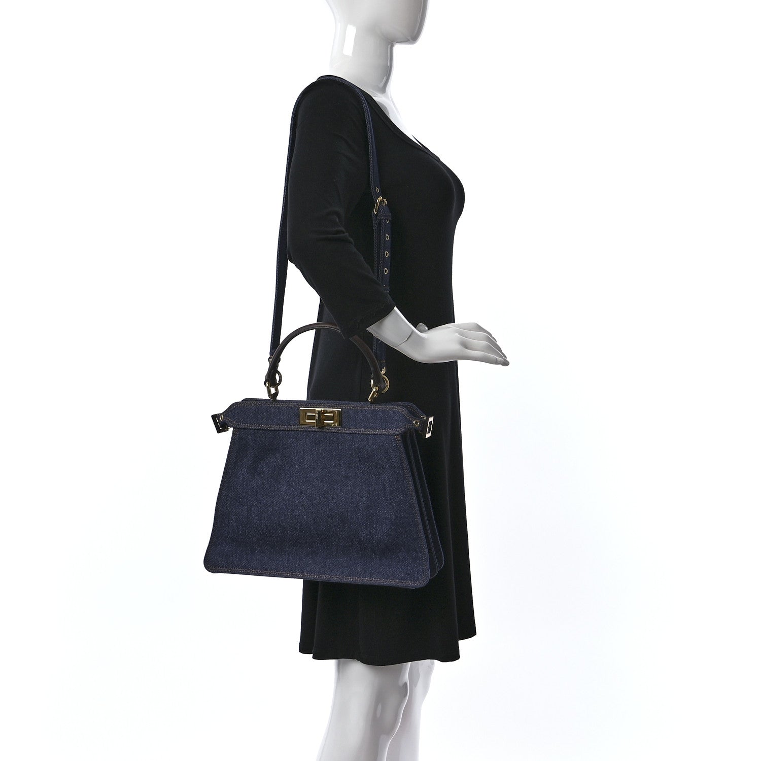 Fendi Denim Fabric Jacquard Cuoio FF 1974 Medium Peekaboo I SEE U Satchel Blue Tobacco Moro 2 of 11