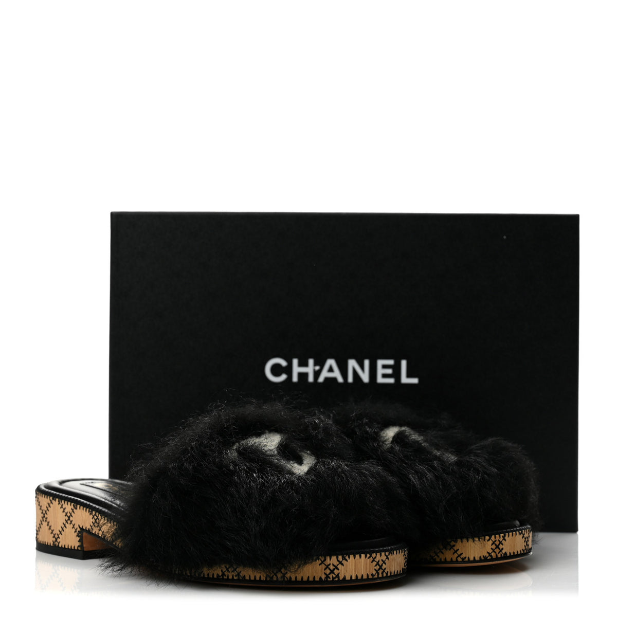 Shearling Lambskin CC Mules Sandal 37 Black White
