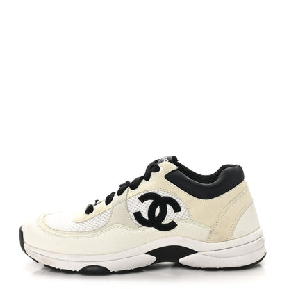 Chanel Mesh Suede Calfskin Grained Calfskin Womens CC Sneakers 39.5 White Black 1 of 9