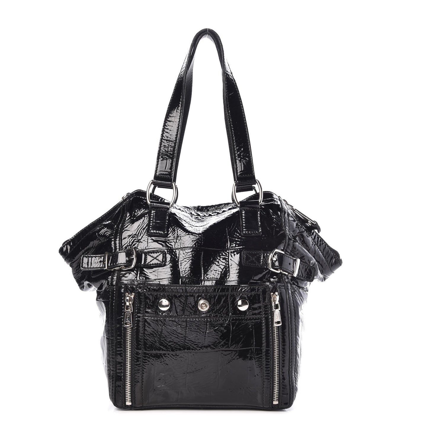 Patent Crocodile Embossed Small Downtown Tote Black