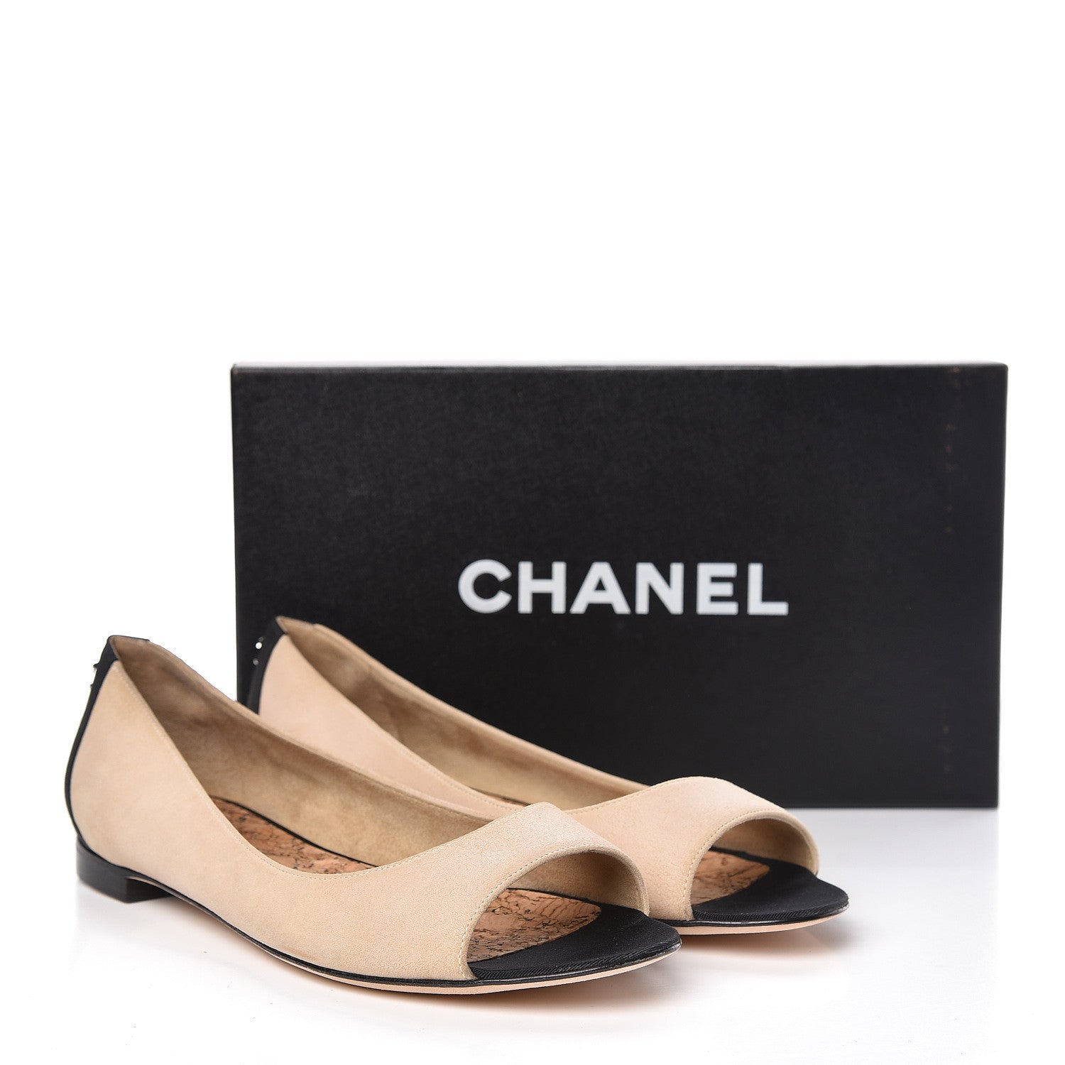 Chanel Suede Grosgrain Peep Toe Ballerina Flats 39.5 Beige Black 8 of 8