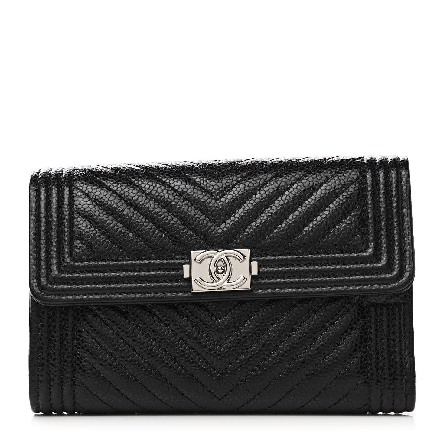 Caviar Chevron Quilted Medium Boy Flap Wallet Black