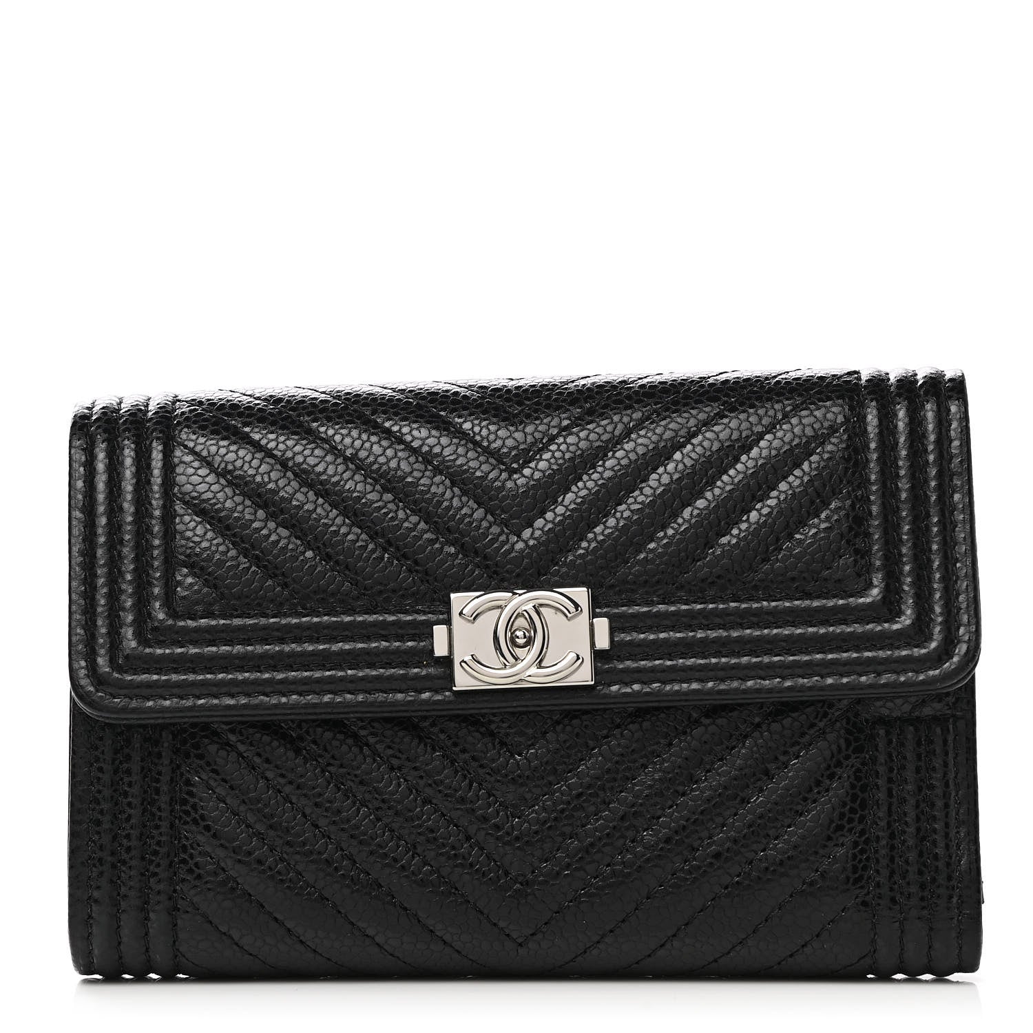 Chanel Caviar Chevron Quilted Medium Boy Flap Wallet Black 1 of 7