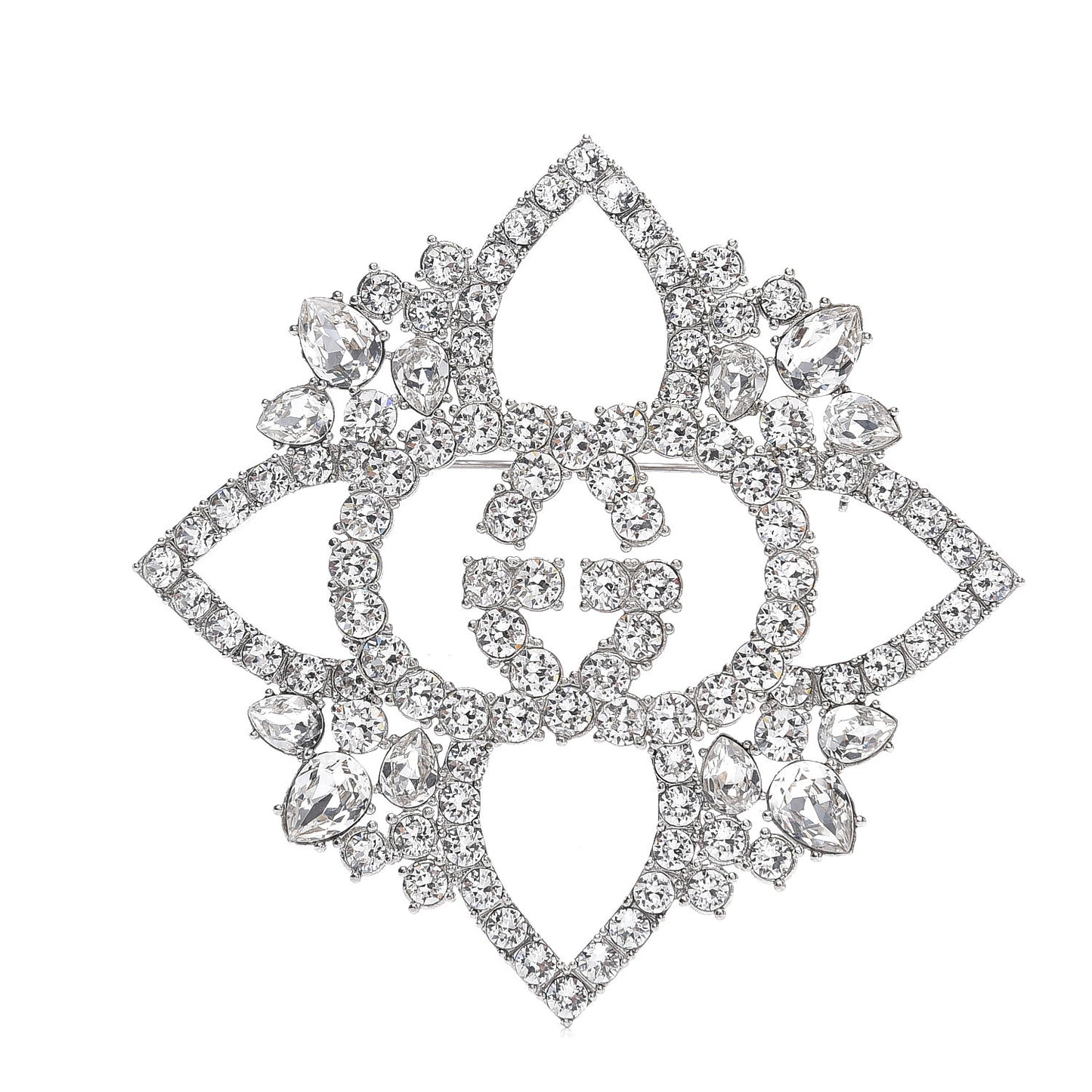 Metal Crystal Double G Brooch Silver