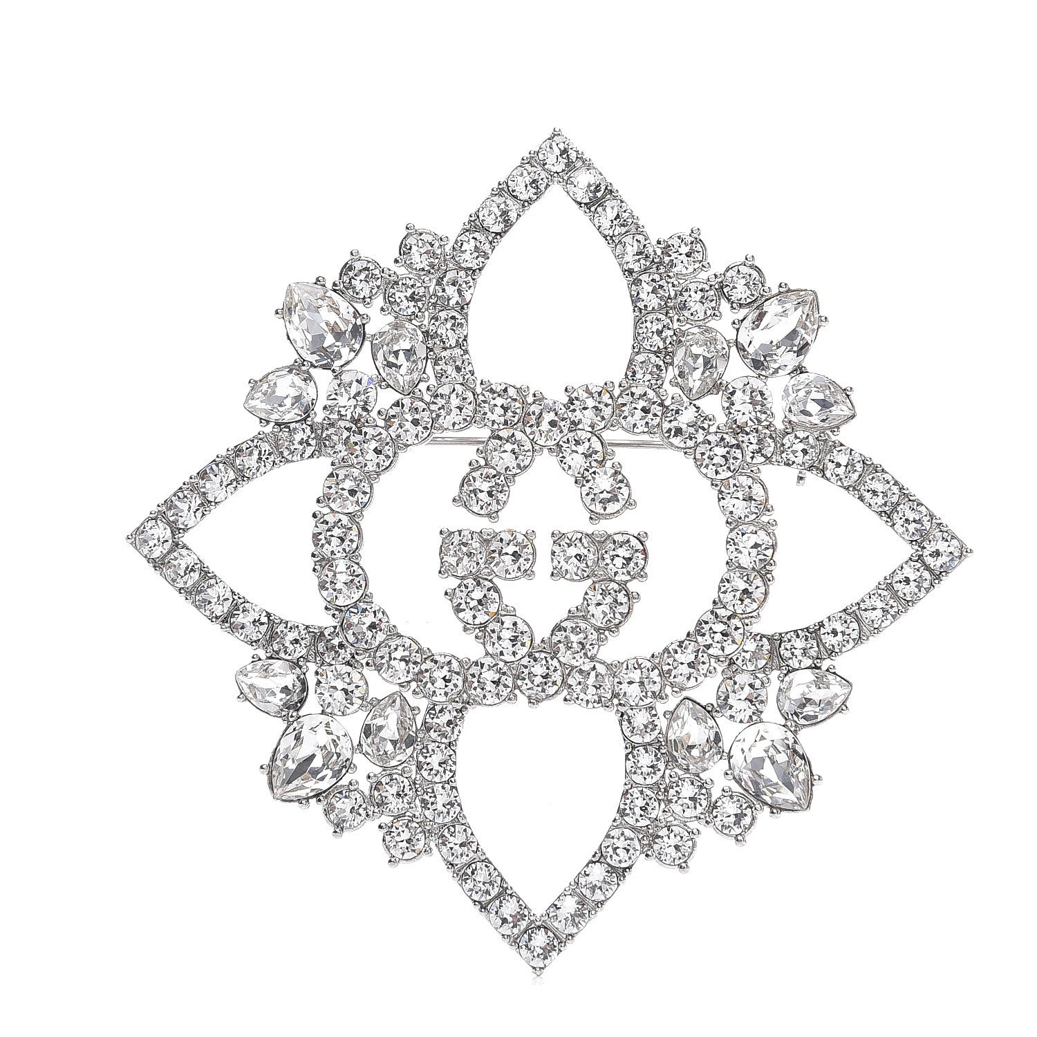 Gucci Metal Crystal Double G Brooch Silver 1 of 4