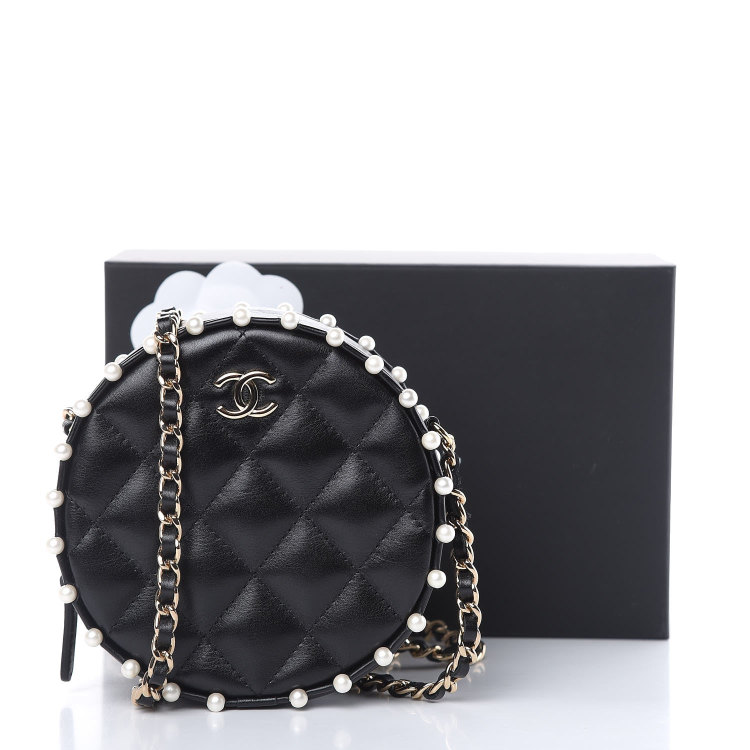 Chanel Calfskin Quilted Pearl Round Clutch With Chain Black 11 of 11