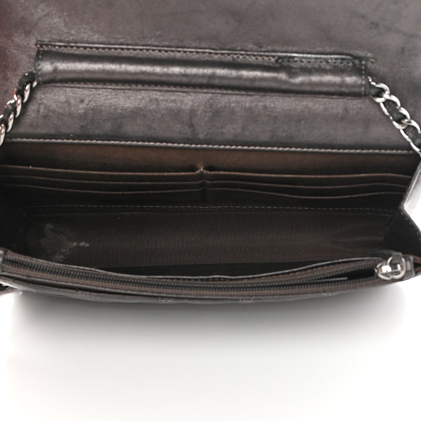Metallic Lambskin Quilted Wallet On Chain WOC Dark Grey