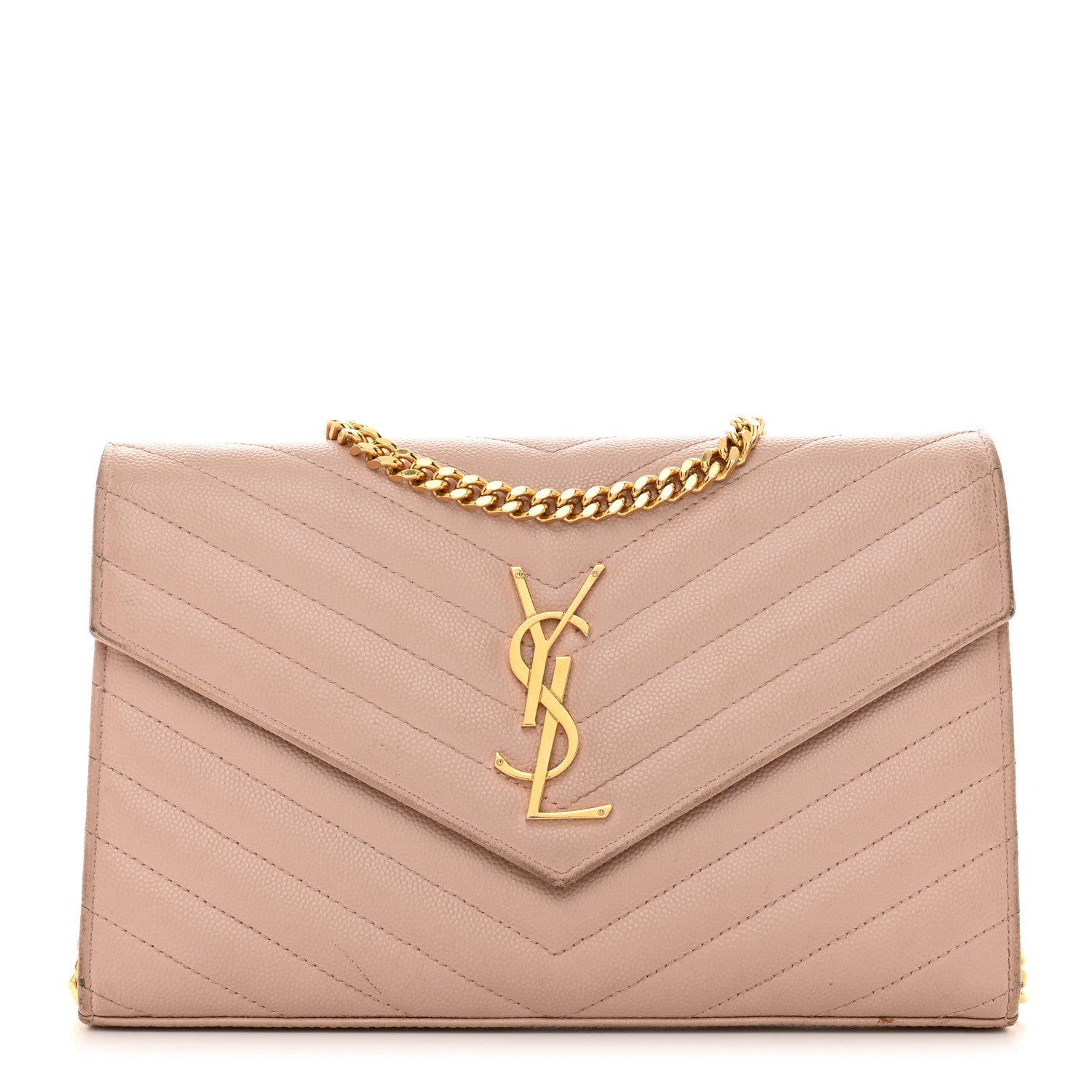 Saint Laurent Grain De Poudre Matelasse Chevron Monogram Chain Wallet Pale Blush 1 of 14