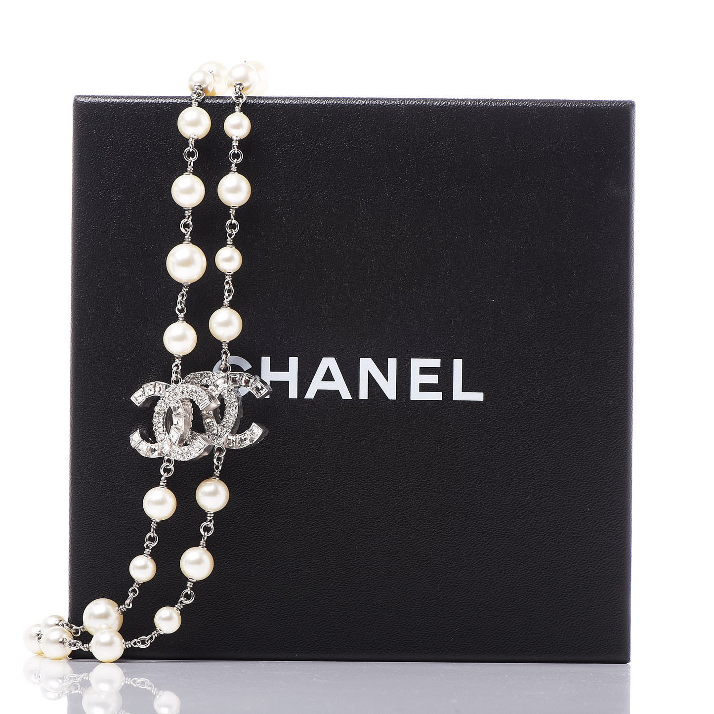 Pearl Baguette Crystal CC Long Necklace Silver