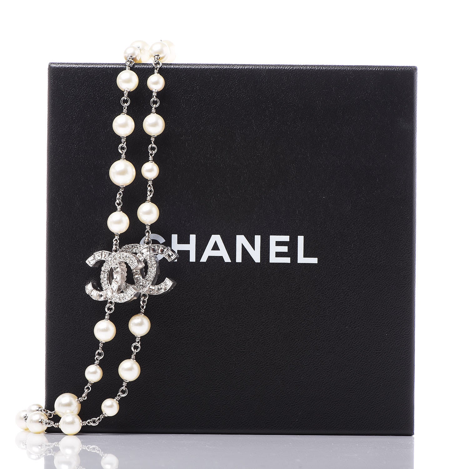 Chanel Pearl Baguette Crystal CC Long Necklace Silver 6 of 6
