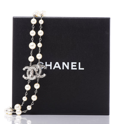 Chanel Pearl Baguette Crystal CC Long Necklace Silver 6 of 6