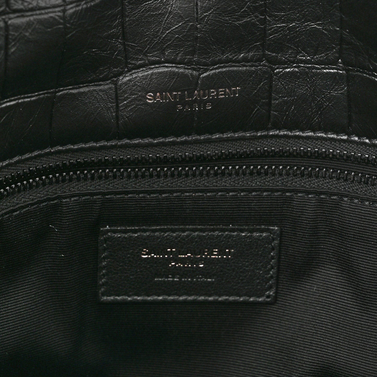 Crinkled Calfskin Crocodile Embossed Monogram Medium Niki Chain Satchel Black