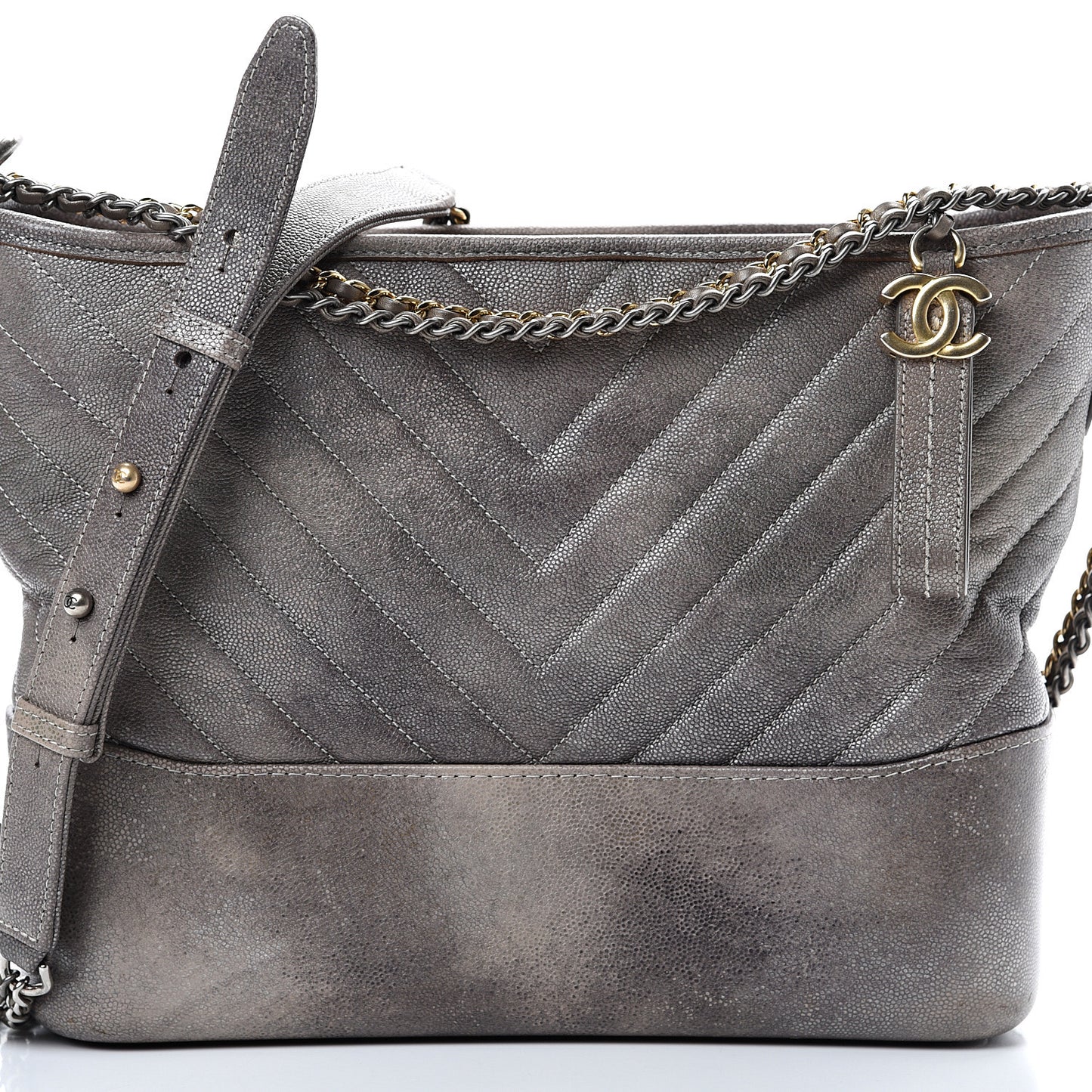 Metallic Caviar Chevron Quilted Medium Gabrielle Hobo Dark Silver Gold