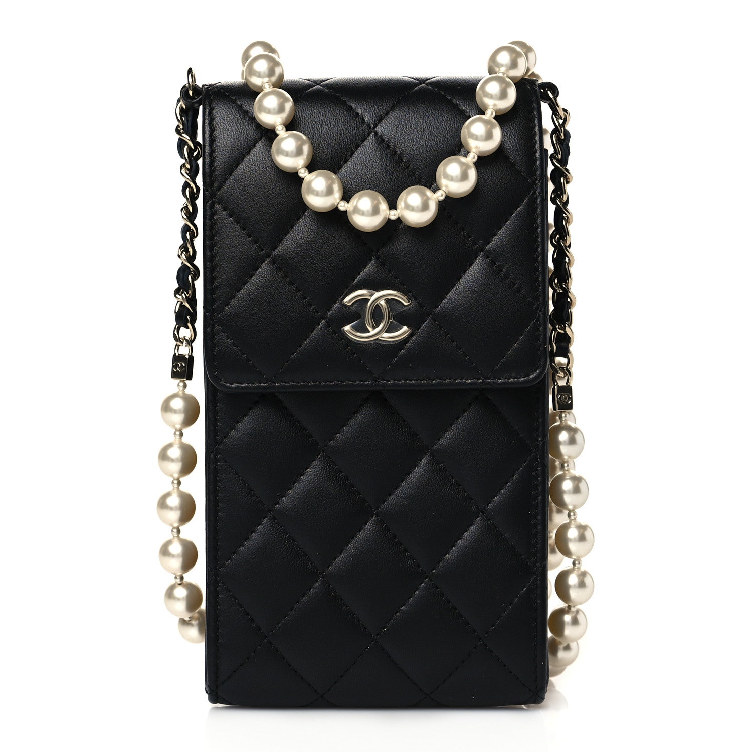 Chanel Lambskin Quilted Pearl Phone Holder With Chain Black 1 of 11