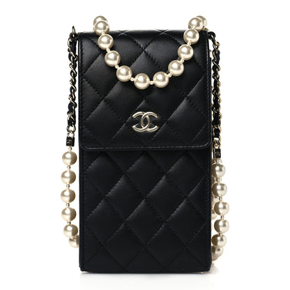 Chanel Lambskin Quilted Pearl Phone Holder With Chain Black 1 of 11