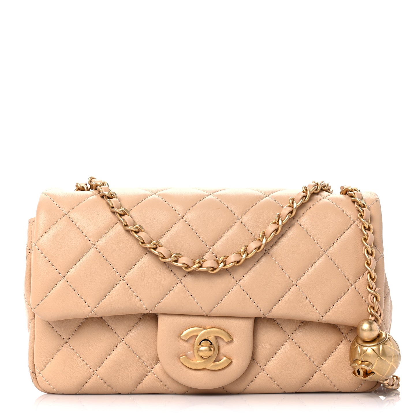Lambskin Quilted Mini Rectangular Pearl Crush Flap Light Beige