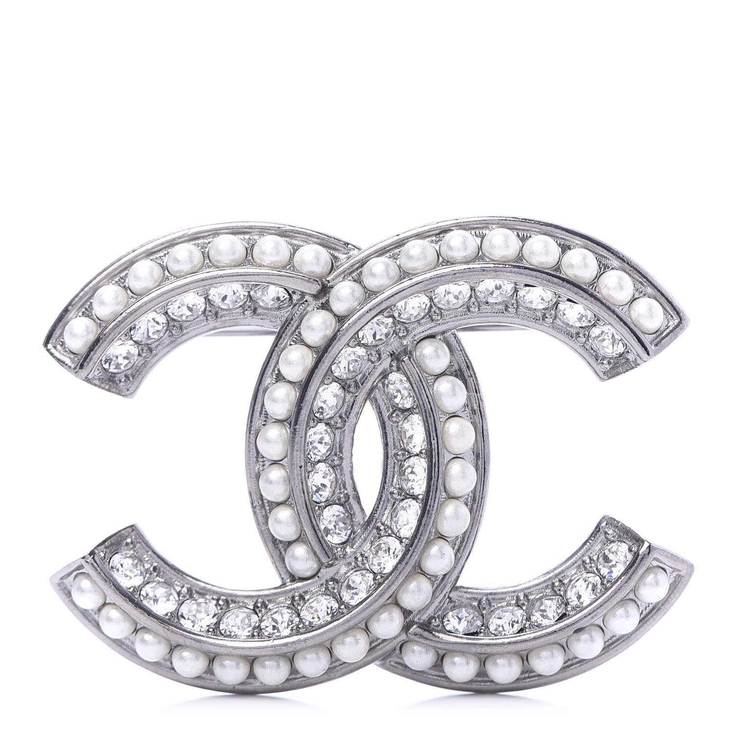 Chanel Crystal Pearl Chain Mania CC Brooch Silver 1 of 5