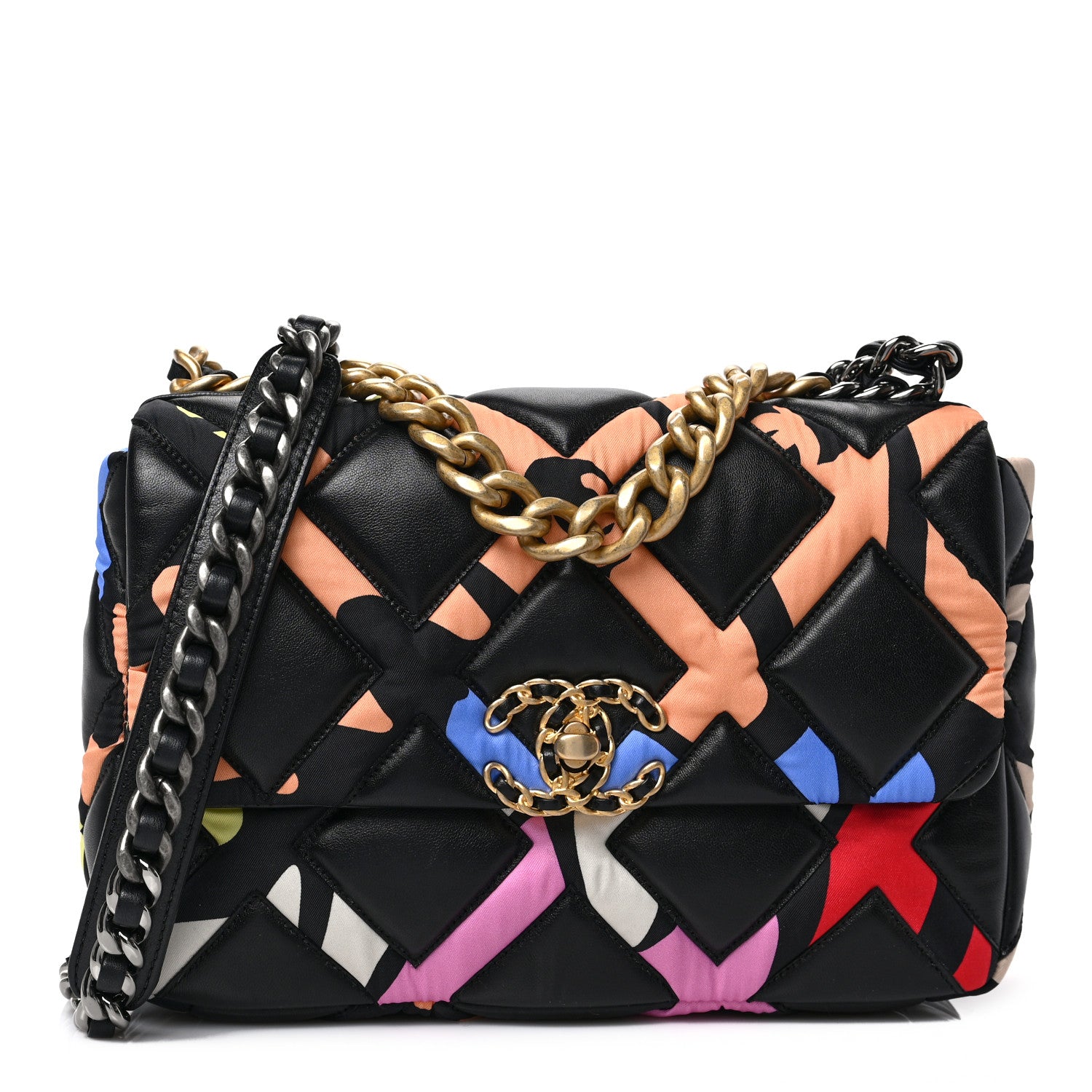 Chanel Lambskin Printed Fabric Medium Chanel 19 Flap Black Multicolor 1 of 9
