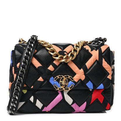 Chanel Lambskin Printed Fabric Medium Chanel 19 Flap Black Multicolor 1 of 9