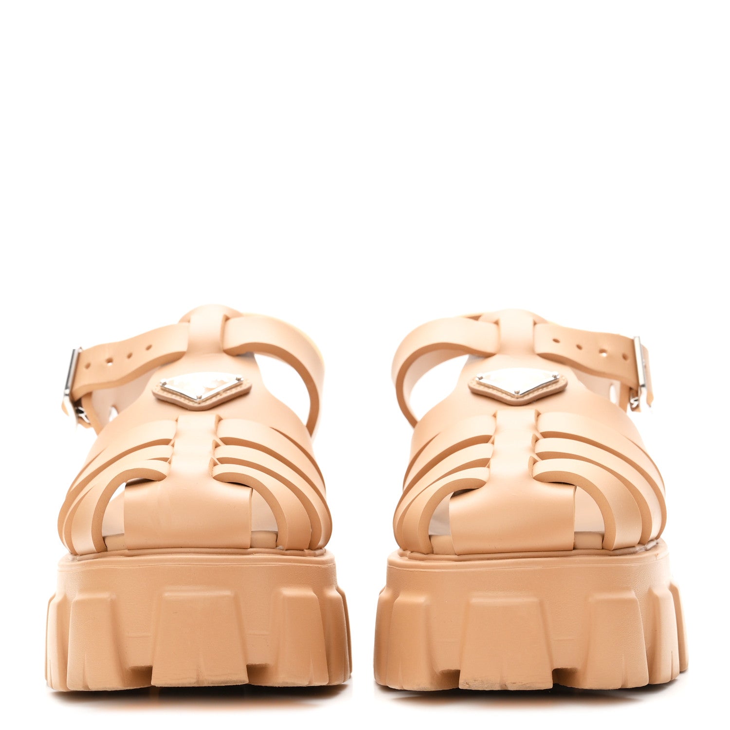Prada Foam Rubber Metal Triangle Logo Monolith 55mm Cage Sandals 37 Barley 3 of 9