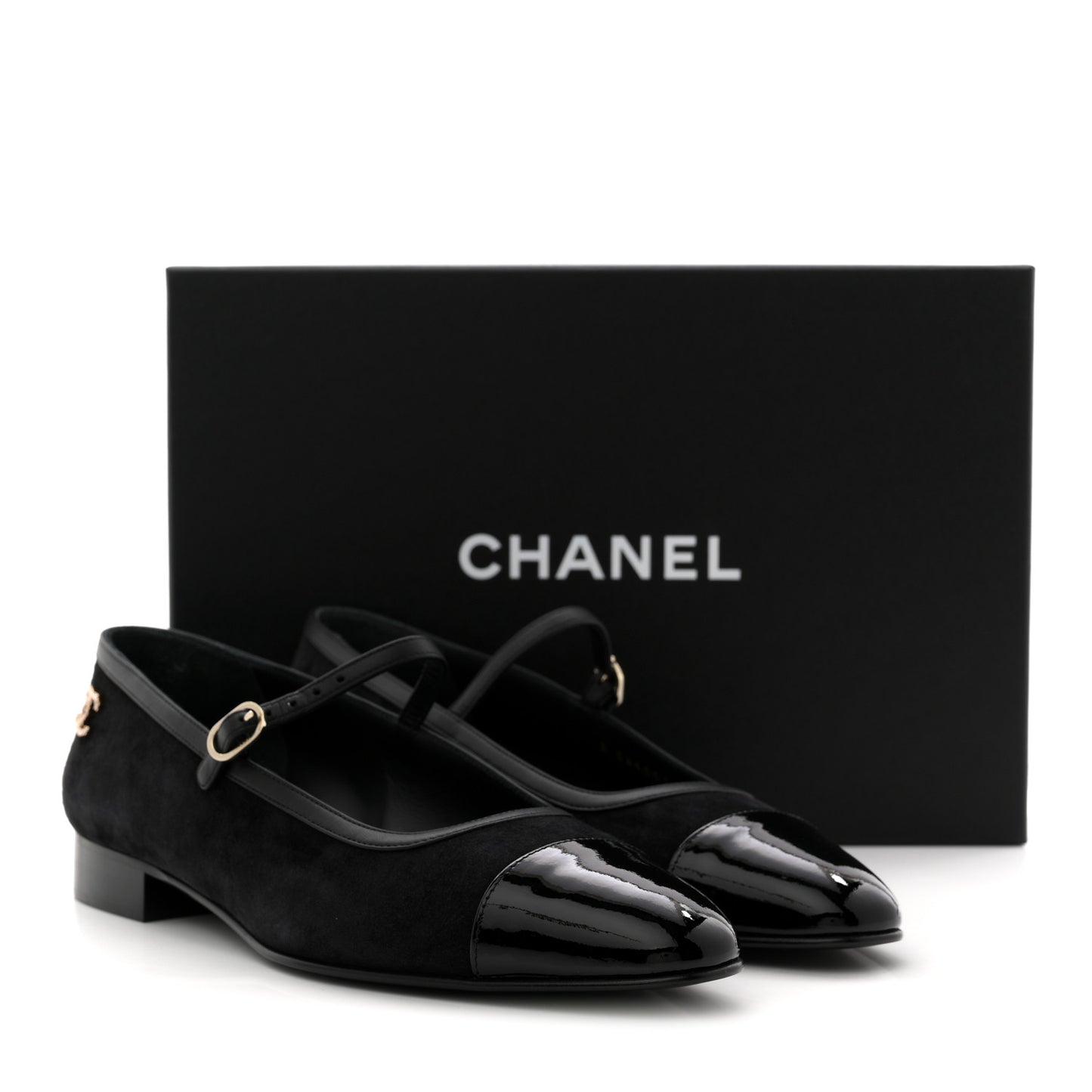 Suede Kidskin Lambskin Patent Calfskin Crystal CC Cap Toe Flats 40 Black