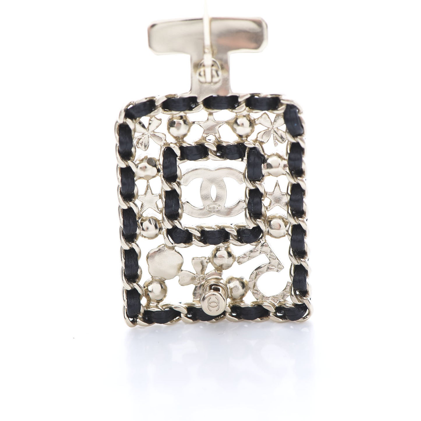 Lambskin Pearl Quilted Chain CC Perfume Bottle Brooch Gold
