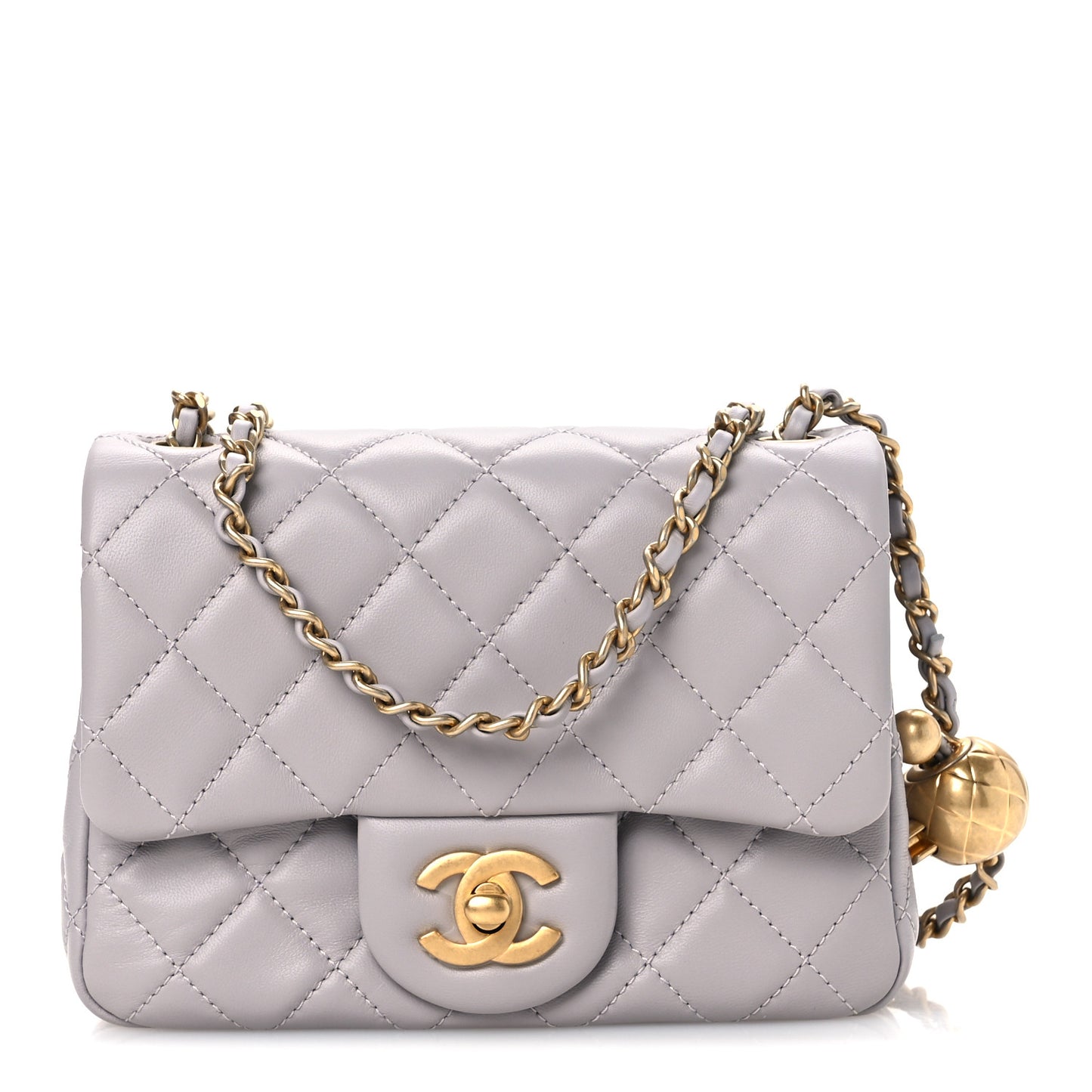 Lambskin Quilted Mini Pearl Crush Flap Light Grey