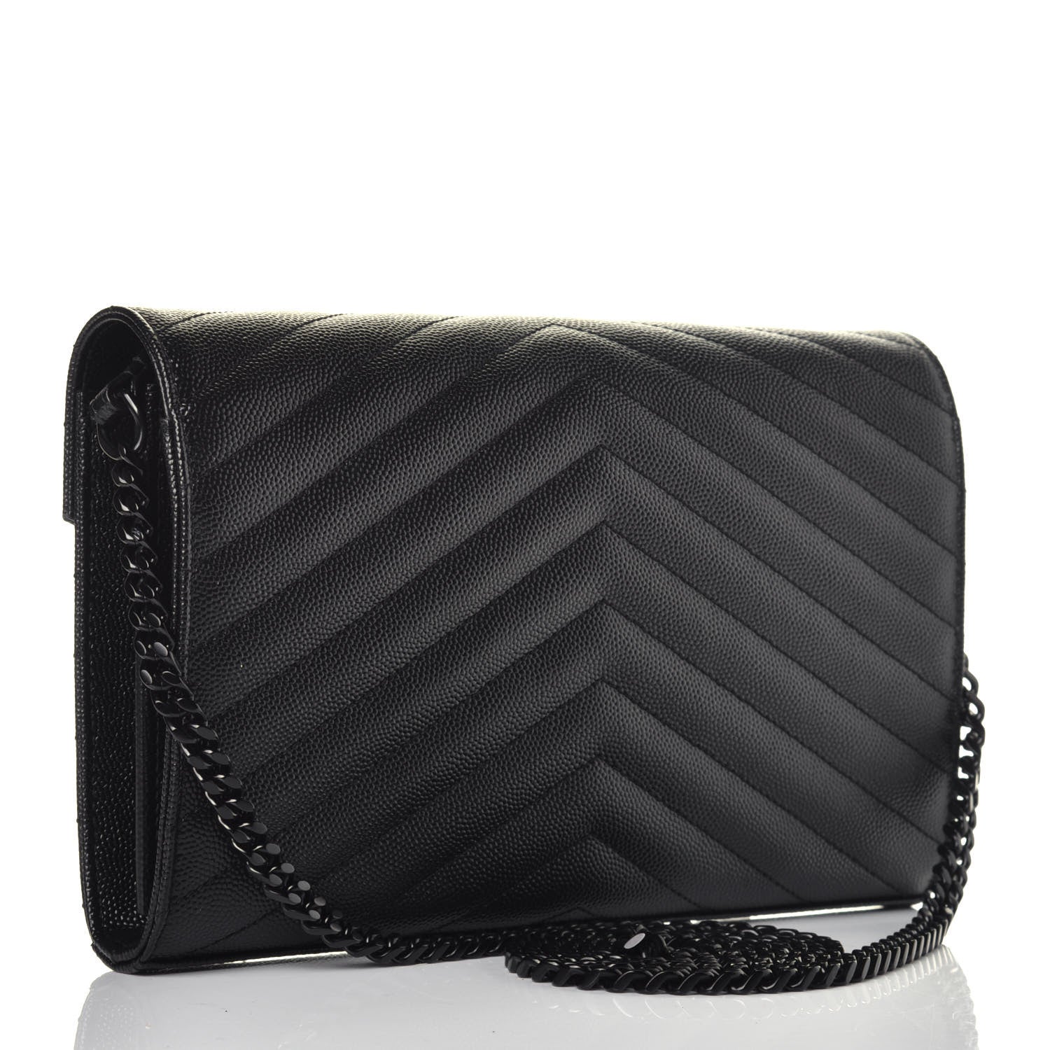 Saint Laurent Grain De Poudre Matelasse Chevron Monogram Chain Wallet Black 3 of 9