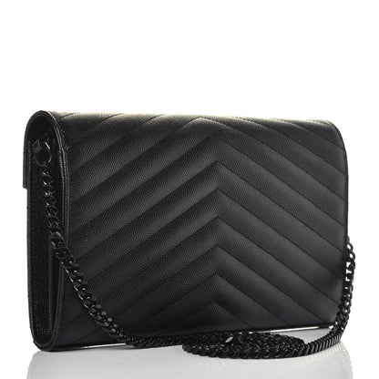 Saint Laurent Grain De Poudre Matelasse Chevron Monogram Chain Wallet Black 3 of 9