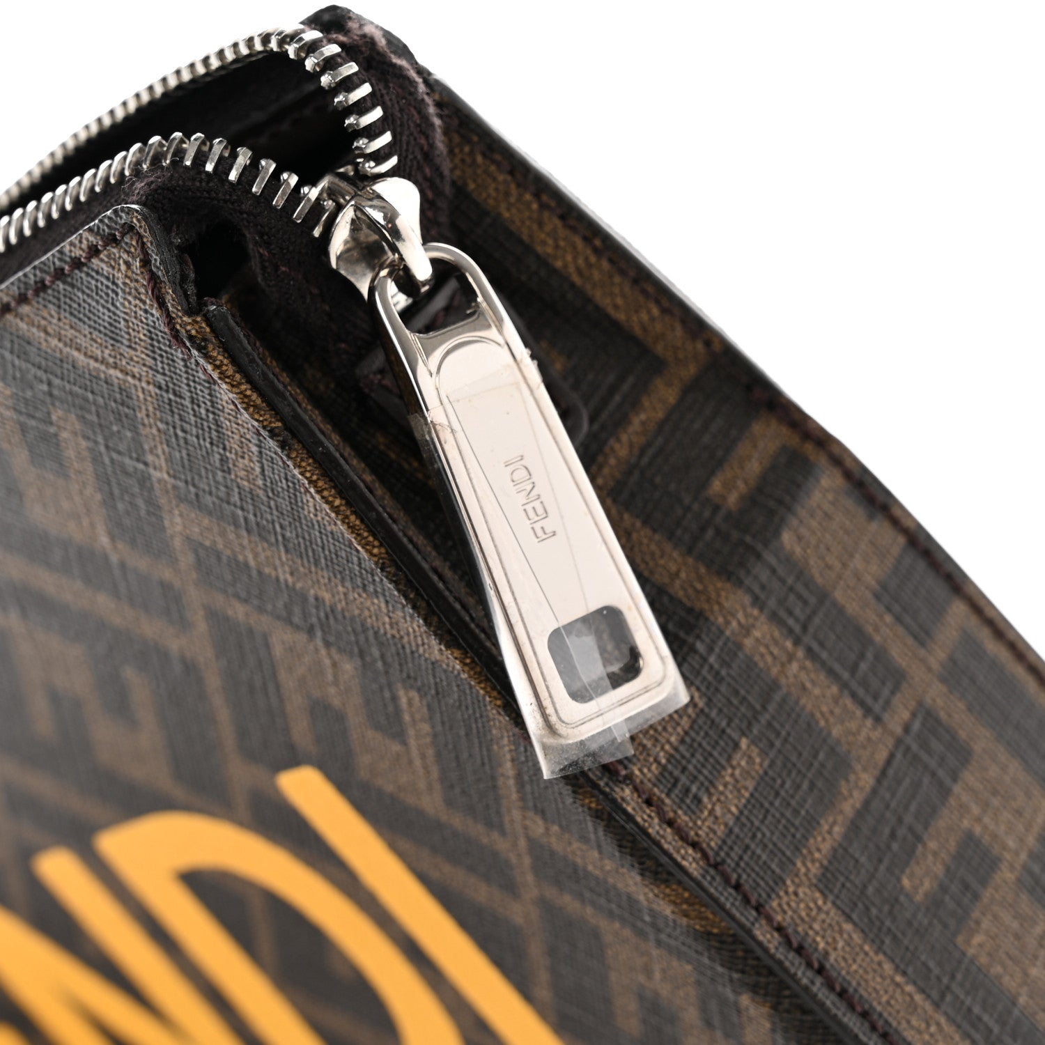 Fendi Shiny Glazed Fabric Vitello Cover FF 1974 Logo Clutch Tobacco Moro Giallo Ebano 8 of 11