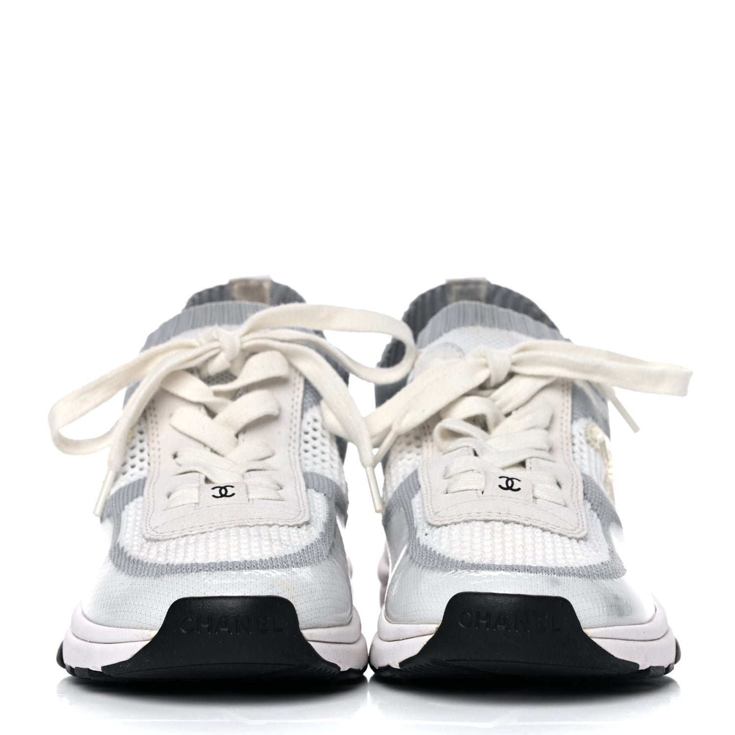 Chanel Fabric Suede Calfskin Stretch CC Sneakers 37 White Grey 2 of 12