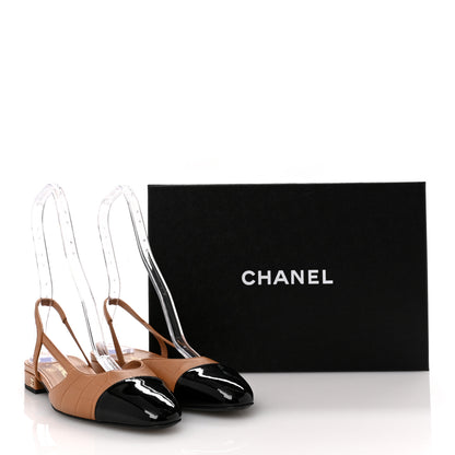 Chanel Calfskin Crocodile Embossed Patent Cap Toe CC Slingback Flats 38 Brown Black 11 of 11