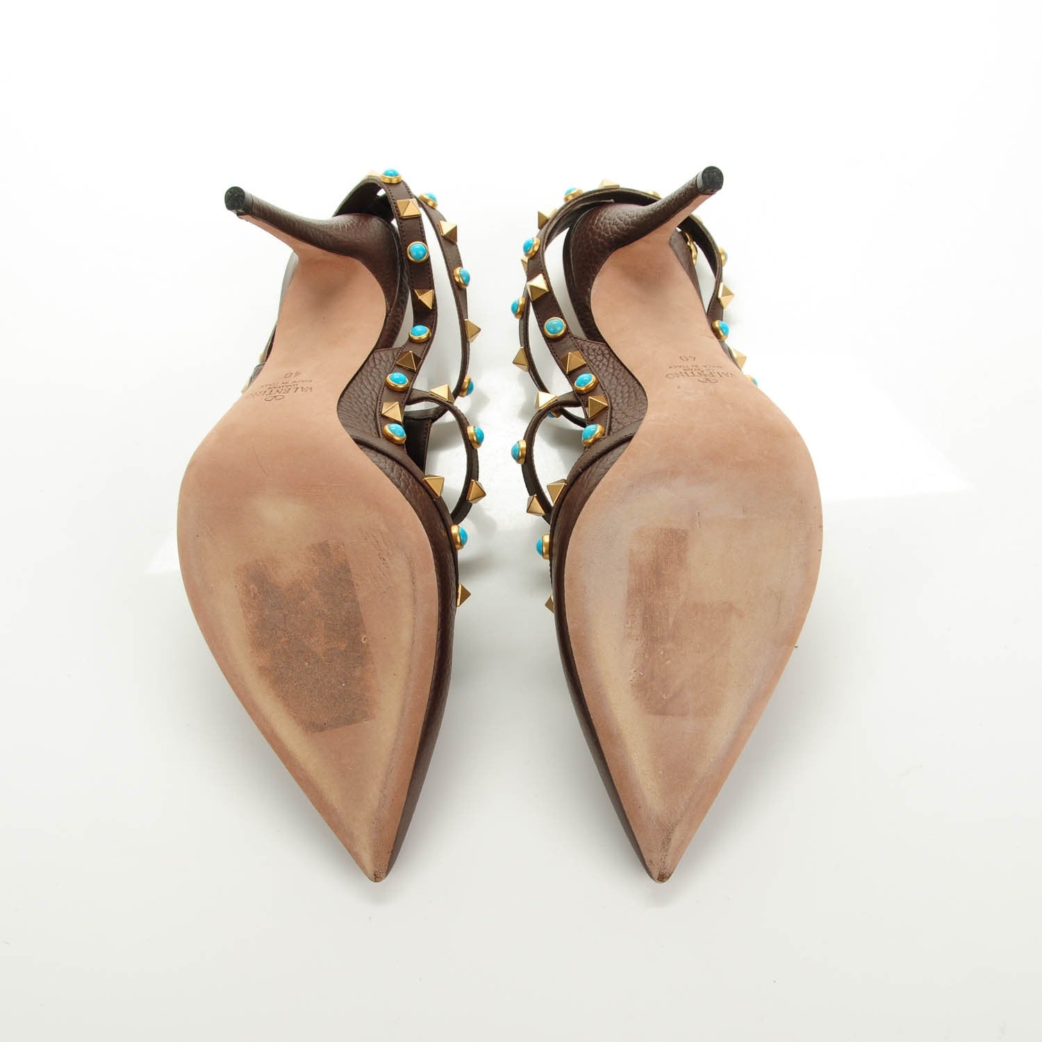 Valentino Garavani Pebbled Calfskin Turquoise Rockstud Rolling Ankle Strap 100mm Pumps 40 Cacao 6 of 8