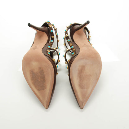 Valentino Garavani Pebbled Calfskin Turquoise Rockstud Rolling Ankle Strap 100mm Pumps 40 Cacao 6 of 8