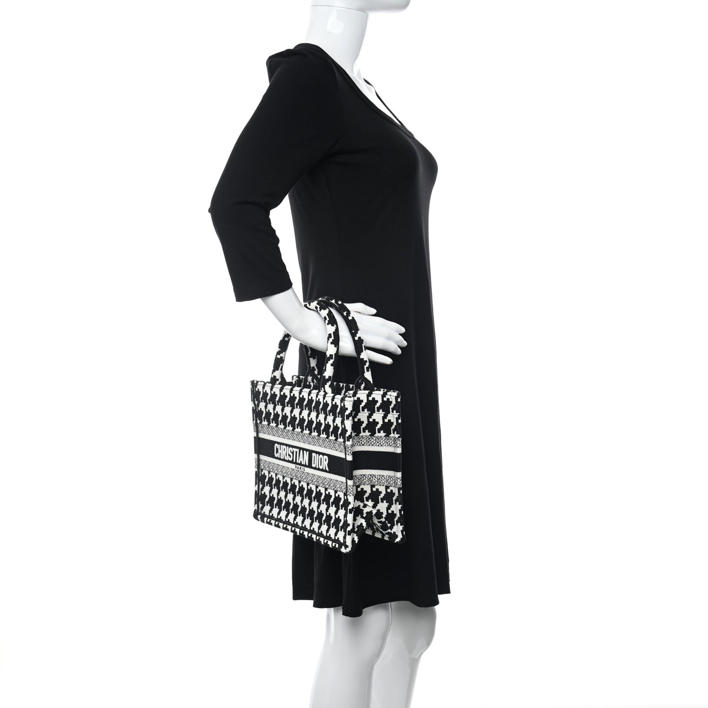 Canvas Houndstooth Embroidered Small Book Tote Black White