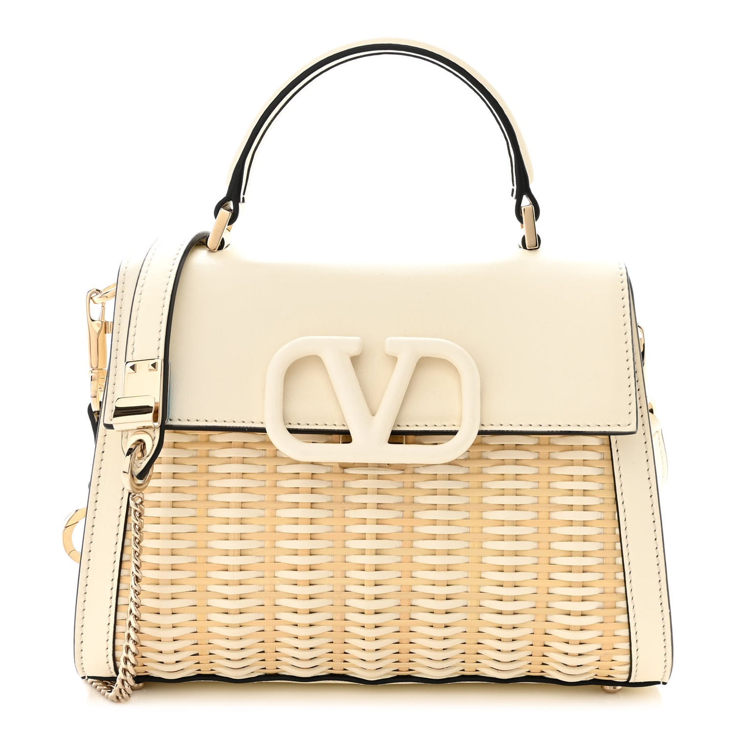 Wicker Calfskin Small VSling Top Handle Bag Natural White
