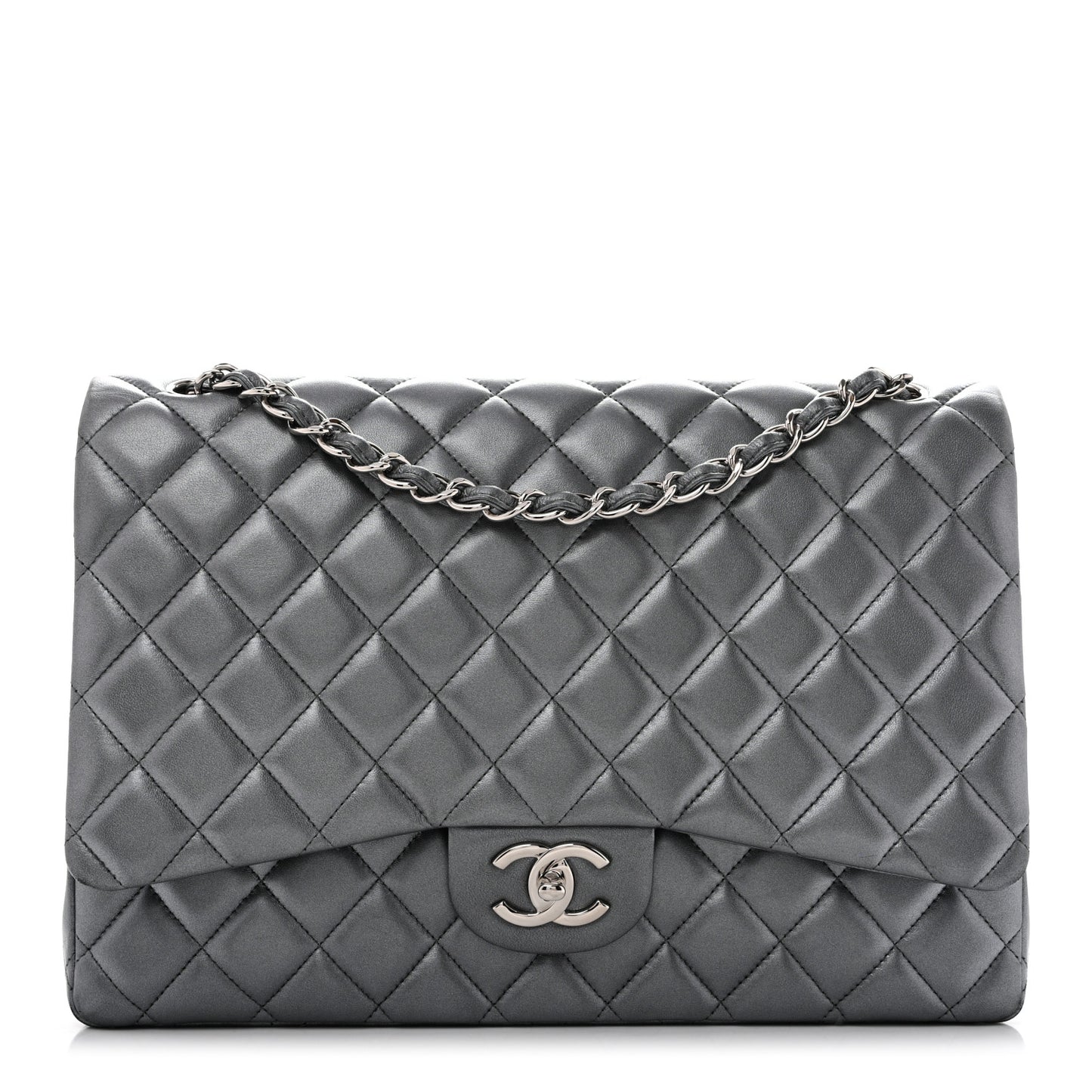 Metallic Lambskin Quilted Maxi Double Flap Pewter