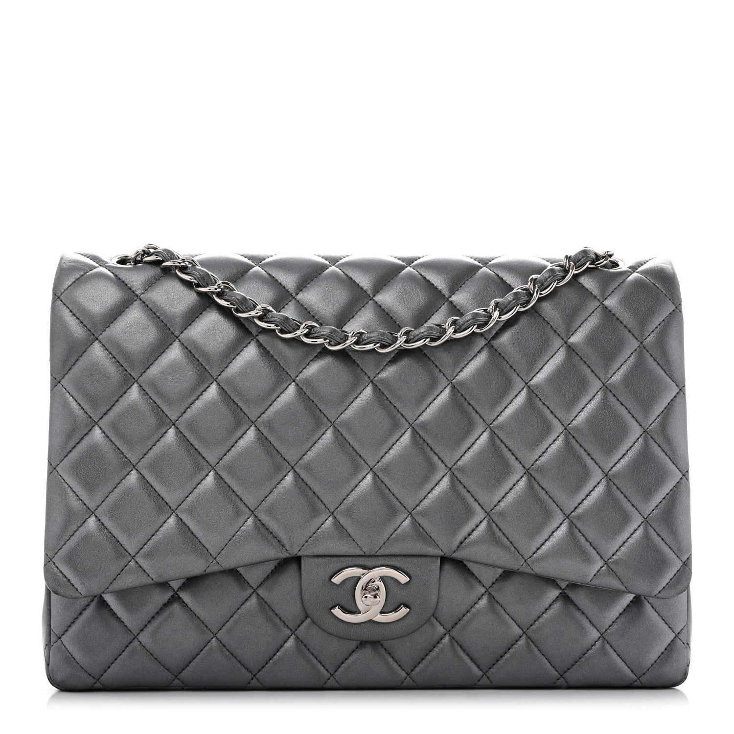 Chanel Metallic Lambskin Quilted Maxi Double Flap Pewter 1 of 15