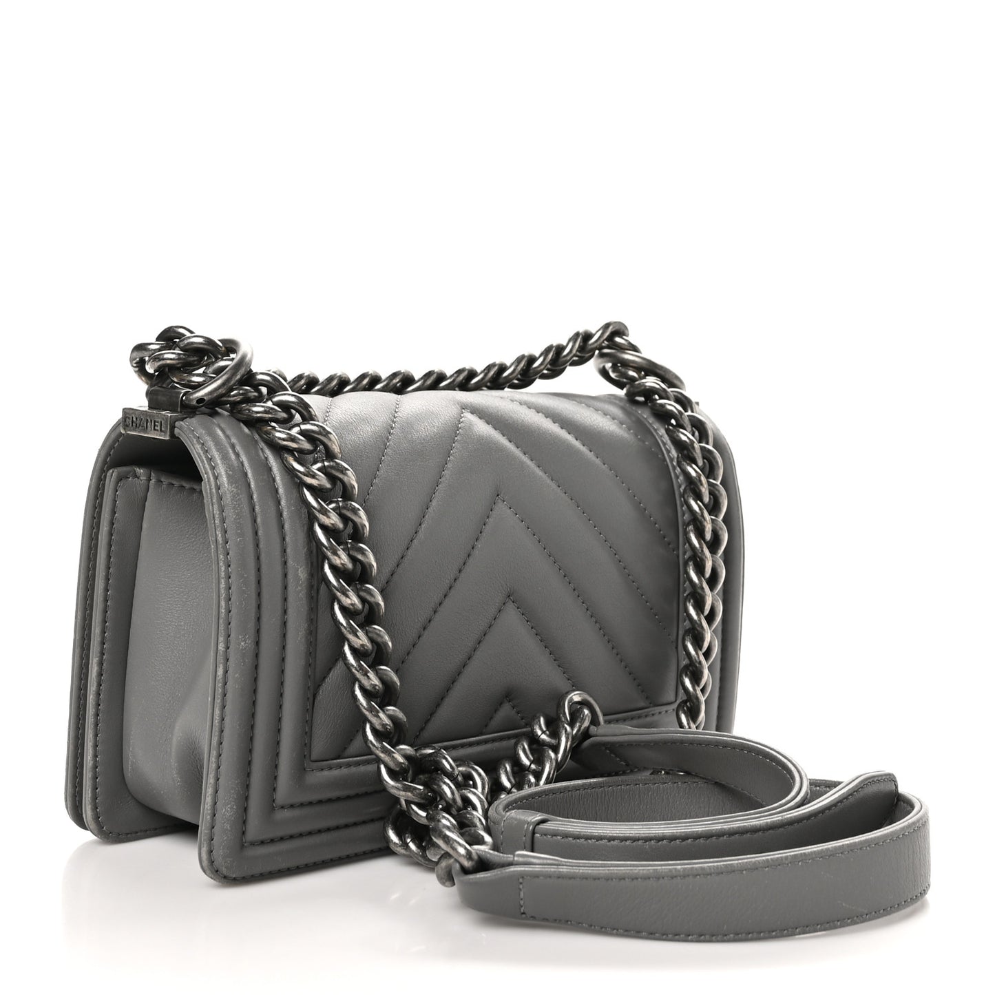 Calfskin Chevron Quilted Small Boy Flap Grey