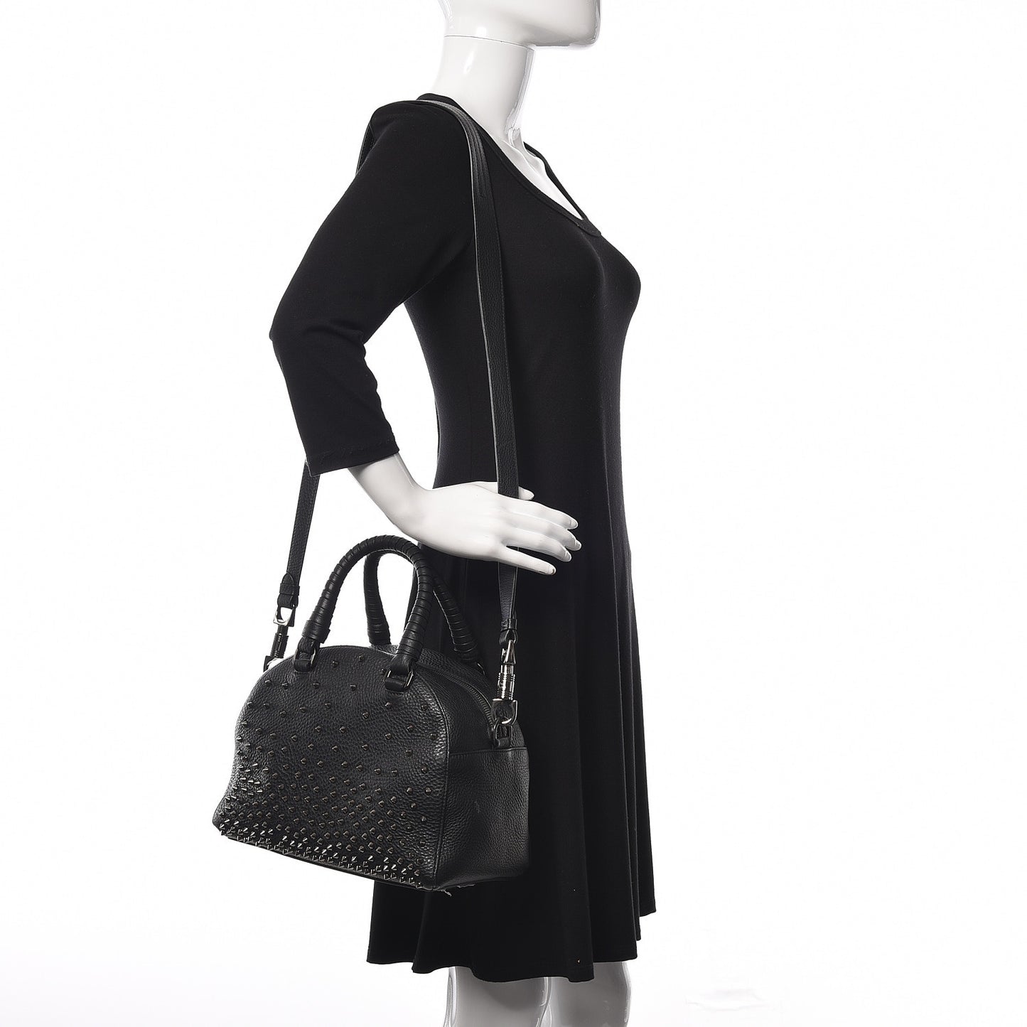 Grained Calfskin Studded Satchel Black