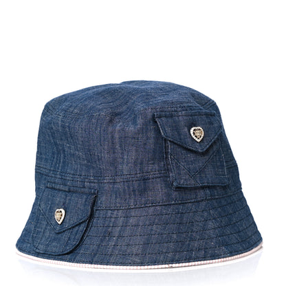 Chanel Denim Gingham Crystal CC Pocket Bucket Hat 57 Blue Pink 2 of 9