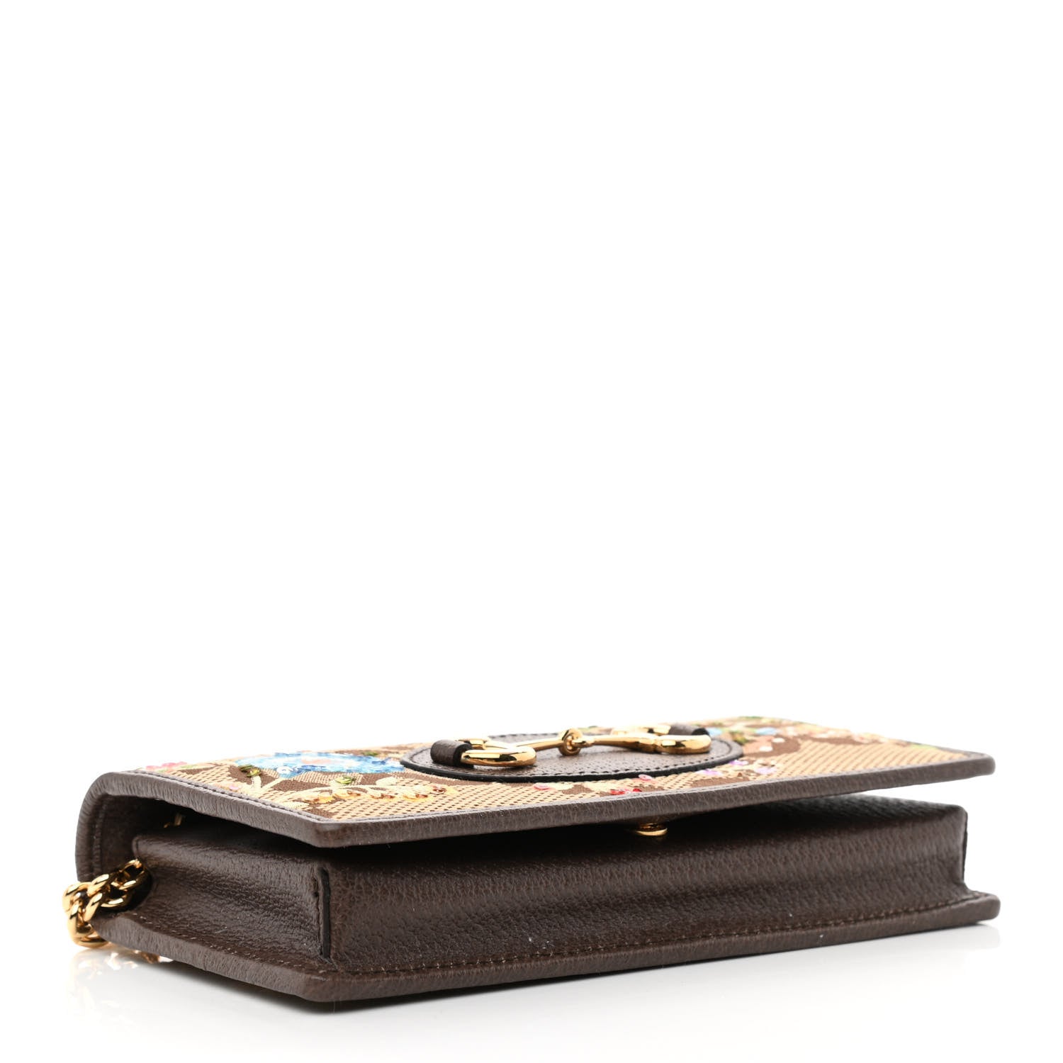 Gucci Monogram Jumbo GG Textured Dollar Calfskin Embroidered Horsebit 1955 Wallet On Chain Camel Ebony New Acero Multicolor 4 of 11