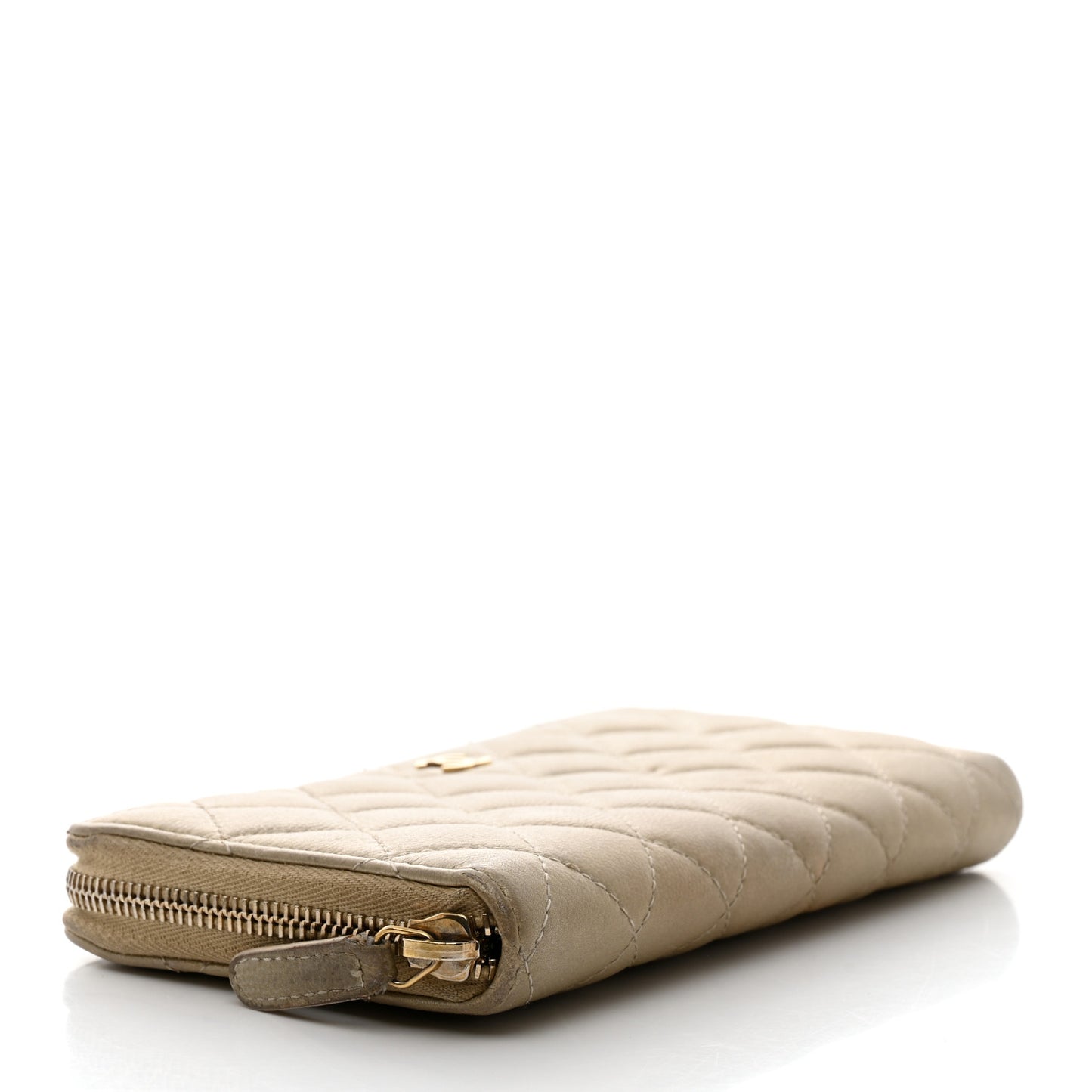 Iridescent Caviar Quilted Large Gusset Zip Around Wallet Beige